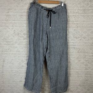 ☀️ 100% Linen Pull-on Pants Wide Leg Elastic Waist Pants Blue White Size 10